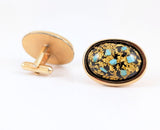 1960s Vintage HICKOK Cufflinks Real Turquoise Chips Gold Flake Black Resin Oval Gold Tone Mid Century Men’s Jewelry