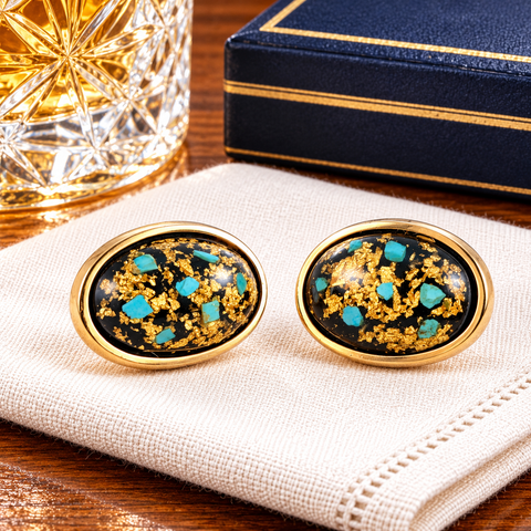 1960s Vintage HICKOK Cufflinks Real Turquoise Chips Gold Flake Black Resin Oval Gold Tone Mid Century Men’s Jewelry