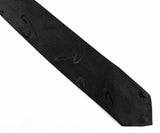 1980s Vintage Black Skinny Tie Men's 80s Narrow Black Tonal Woven Necktie with Abstract Boomerang or Wave Like Designs