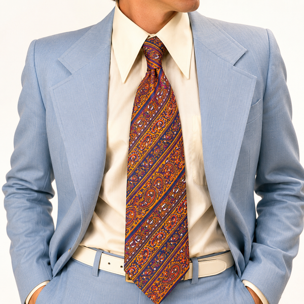 1970s Vintage MR. GUY Hand Blocked Silk Paisley Necktie, Made in England, Wide Disco Era Tie, Orange Blue Paisley Men's Neck Tie