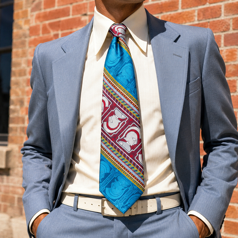 1970s Wide Gladiator Necktie by Villa Di Oro Vintage Blue Roman Warrior 100% Polyester Disco Era Tie Made in Italy
