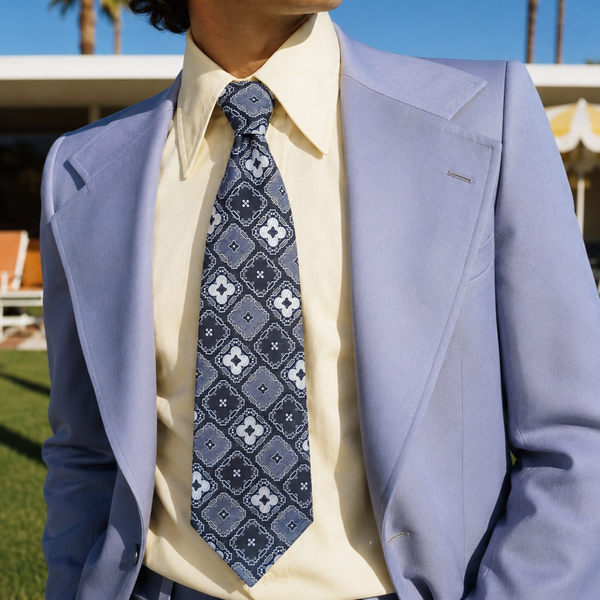 1970s Vintage Custom Craft Cravats Wide Necktie, Blue Gray Geometric Polyester Tie, Disco Era Wide Men's Necktie, Retro Statement Tie