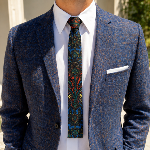 1960s Rooster Hand Printed All Wool Skinny Tie for Lord & Taylor Men's Shop Vintage Mod Era Necktie Blue Orange Persian Designs
