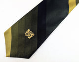 1960s Vintage Silk Damon "The Palace" Diagonal Stripe Necktie | Olive Green, Black & Gold Club Stripe Tie with Embroidered Crest