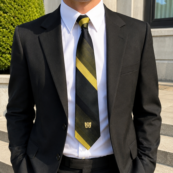 1960s Vintage Silk Damon "The Palace" Diagonal Stripe Necktie | Olive Green, Black & Gold Club Stripe Tie with Embroidered Crest