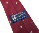1980s Vintage Austin Reed Hunting Tie Burgundy Silk Blend Crossed Rifles Gray or Silver Fox or Wolf Head Motif Country Club Necktie