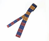 1960s Vintage Rooster Tie Skinny Square-End All Cotton Necktie, Blue, Red, Orange & Gold Woven Striped Pattern Mad Men Era Mid Century