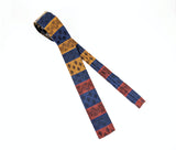 1960s Vintage Rooster Tie Skinny Square-End All Cotton Necktie, Blue, Red, Orange & Gold Woven Striped Pattern Mad Men Era Mid Century