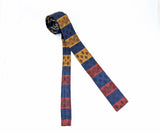 1960s Vintage Rooster Tie Skinny Square-End All Cotton Necktie, Blue, Red, Orange & Gold Woven Striped Pattern Mad Men Era Mid Century