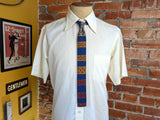 1960s Vintage Rooster Tie Skinny Square-End All Cotton Necktie, Blue, Red, Orange & Gold Woven Striped Pattern Mad Men Era Mid Century