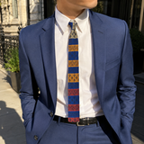 1960s Vintage Rooster Tie Skinny Square-End All Cotton Necktie, Blue, Red, Orange & Gold Woven Striped Pattern Mad Men Era Mid Century