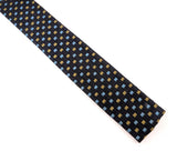 1960s Vintage Rooster Square-End Skinny Tie | Dark Navy Blue Cotton with Gold & Sky Blue Woven Squares