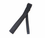 1960s Vintage Rooster Square-End Skinny Tie | Dark Navy Blue Cotton with Gold & Sky Blue Woven Squares