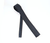 1960s Vintage Rooster Square-End Skinny Tie | Dark Navy Blue Cotton with Gold & Sky Blue Woven Squares