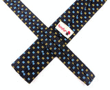 1960s Vintage Rooster Square-End Skinny Tie | Dark Navy Blue Cotton with Gold & Sky Blue Woven Squares