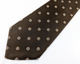 1970s Vintage King's Road Collection Sears Brown Foulard Disco Necktie with beige squares and sky blue dots | 100% Polyester