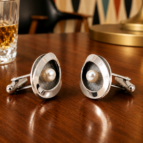 1950s-60s Mid-Century Modernist Marked JML Sterling & Pearl Cufflinks