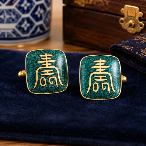 1960s Japanese Green Enamel Cufflinks Good Fortune Symbol,Gold Tone Mid Century Vintage Men's Jewelry, JAPAN Marked, Asian Symbol Cuff Links