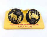 1960s Vintage Toledo Spain Damascene Cufflinks 24K Gold Inlay Circular Black Spanish Bullfighter Designs Men's Jewelry Original Card