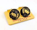 1960s Vintage Toledo Spain Damascene Cufflinks 24K Gold Inlay Circular Black Spanish Bullfighter Designs Men's Jewelry Original Card