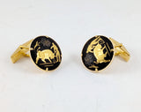 1960s Vintage Toledo Spain Damascene Cufflinks 24K Gold Inlay Circular Black Spanish Bullfighter Designs Men's Jewelry Original Card