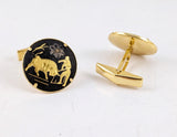 1960s Vintage Toledo Spain Damascene Cufflinks 24K Gold Inlay Circular Black Spanish Bullfighter Designs Men's Jewelry Original Card