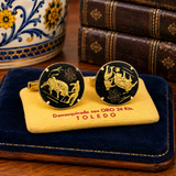 1960s Vintage Toledo Spain Damascene Cufflinks 24K Gold Inlay Circular Black Spanish Bullfighter Designs Men's Jewelry Original Card