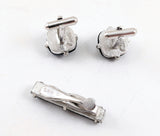 1962 Sarah Coventry Charcoal Classic Cufflinks & Tie Bar Set, Vintage Mid Century Modern Faux Hematite Men's Jewelry, Geometric Silver Tone