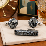 1962 Sarah Coventry Charcoal Classic Cufflinks & Tie Bar Set, Vintage Mid Century Modern Faux Hematite Men's Jewelry, Geometric Silver Tone