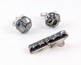 1962 Sarah Coventry Charcoal Classic Cufflinks & Tie Bar Set, Vintage Mid Century Modern Faux Hematite Men's Jewelry, Geometric Silver Tone