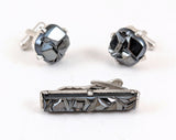 1962 Sarah Coventry Charcoal Classic Cufflinks & Tie Bar Set, Vintage Mid Century Modern Faux Hematite Men's Jewelry, Geometric Silver Tone