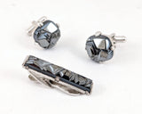 1962 Sarah Coventry Charcoal Classic Cufflinks & Tie Bar Set, Vintage Mid Century Modern Faux Hematite Men's Jewelry, Geometric Silver Tone