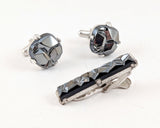 1962 Sarah Coventry Charcoal Classic Cufflinks & Tie Bar Set, Vintage Mid Century Modern Faux Hematite Men's Jewelry, Geometric Silver Tone