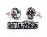 1962 Sarah Coventry Charcoal Classic Cufflinks & Tie Bar Set, Vintage Mid Century Modern Faux Hematite Men's Jewelry, Geometric Silver Tone