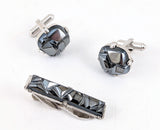 1962 Sarah Coventry Charcoal Classic Cufflinks & Tie Bar Set, Vintage Mid Century Modern Faux Hematite Men's Jewelry, Geometric Silver Tone