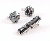 1962 Sarah Coventry Charcoal Classic Cufflinks & Tie Bar Set, Vintage Mid Century Modern Faux Hematite Men's Jewelry, Geometric Silver Tone