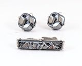 1962 Sarah Coventry Charcoal Classic Cufflinks & Tie Bar Set, Vintage Mid Century Modern Faux Hematite Men's Jewelry, Geometric Silver Tone