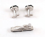 1962 Sarah Coventry Charcoal Classic Cufflinks & Tie Bar Set, Vintage Mid Century Modern Faux Hematite Men's Jewelry, Geometric Silver Tone