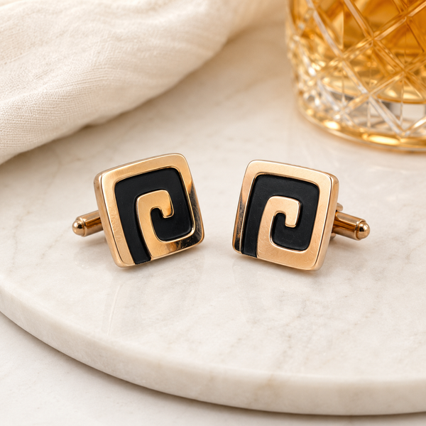 1960s Vintage HICKOK U.S.A. men's cufflinks featuring a striking mid-century modernist design in gold tone and black enamel.