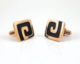 1960s Vintage HICKOK U.S.A. men's cufflinks featuring a striking mid-century modernist design in gold tone and black enamel.