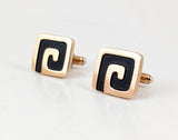 1960s Vintage HICKOK U.S.A. men's cufflinks featuring a striking mid-century modernist design in gold tone and black enamel.