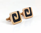1960s Vintage HICKOK U.S.A. men's cufflinks featuring a striking mid-century modernist design in gold tone and black enamel.