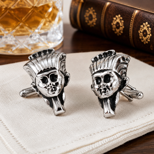 1960s Egyptian Pharaoh Cufflinks Large Sculptural Silver Tone Vintage Men's Egyptian Revival Statement Jewelry