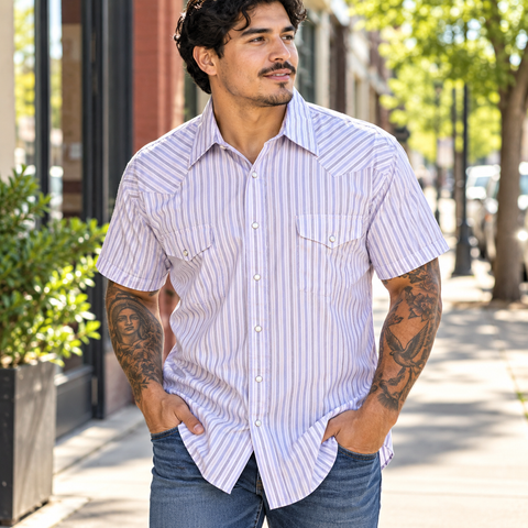 2000-2005 Vintage Panhandle Slim Western Shirt Y2K Pale Lavender Pearl Snap Short Sleeve Cowboy Shirt with Purple & Black Stripes - Size XL