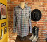 1970s Vintage LEE Western Shirt Men's Cowboy Style Long Sleeve Plaid Pearl Snap Western Wear Shirt by Lee - Size XL