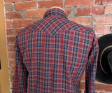 1980s Vintage Men's Wrangler Western Shirt Cowboy Style Burgundy & Blue Plaid Long Sleeve Pearl Snap Shirt by Wrangler - Size LARGE