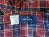 1980s Vintage Men's Wrangler Western Shirt Cowboy Style Burgundy & Blue Plaid Long Sleeve Pearl Snap Shirt by Wrangler - Size LARGE