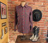 1980s Vintage Men's Wrangler Western Shirt Cowboy Style Burgundy & Blue Plaid Long Sleeve Pearl Snap Shirt by Wrangler - Size LARGE
