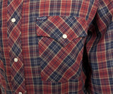 1980s Vintage Men's Wrangler Western Shirt Cowboy Style Burgundy & Blue Plaid Long Sleeve Pearl Snap Shirt by Wrangler - Size LARGE