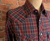 1980s Vintage Men's Wrangler Western Shirt Cowboy Style Burgundy & Blue Plaid Long Sleeve Pearl Snap Shirt by Wrangler - Size LARGE